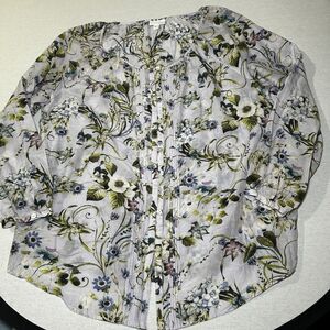 J.Jill Floral Silk Blend Lightweight Scoop Neck Pintucked Button Front Blouse XL